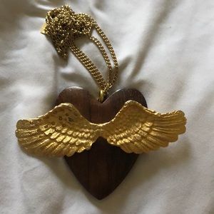 Rachel Leigh Gold and Wood Heart Wings Necklace